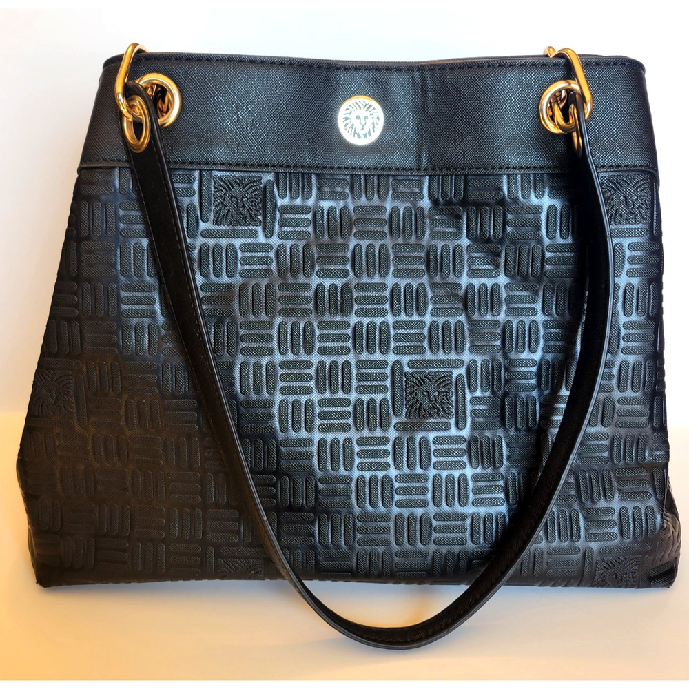Anne Klein Black Embossed Logo Shoulder Bag Women’s Crosshatch Purse Handbag